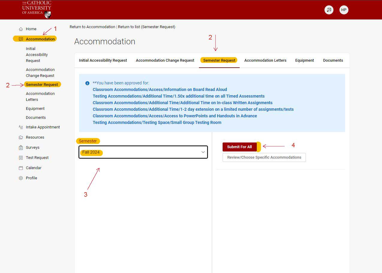 Semester Request in Accommodate Portal